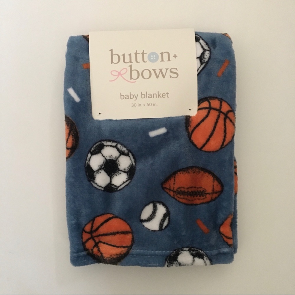 NEW Baby Blanket Lightweight  Sports Theme Print Blue | Buttons & Bows